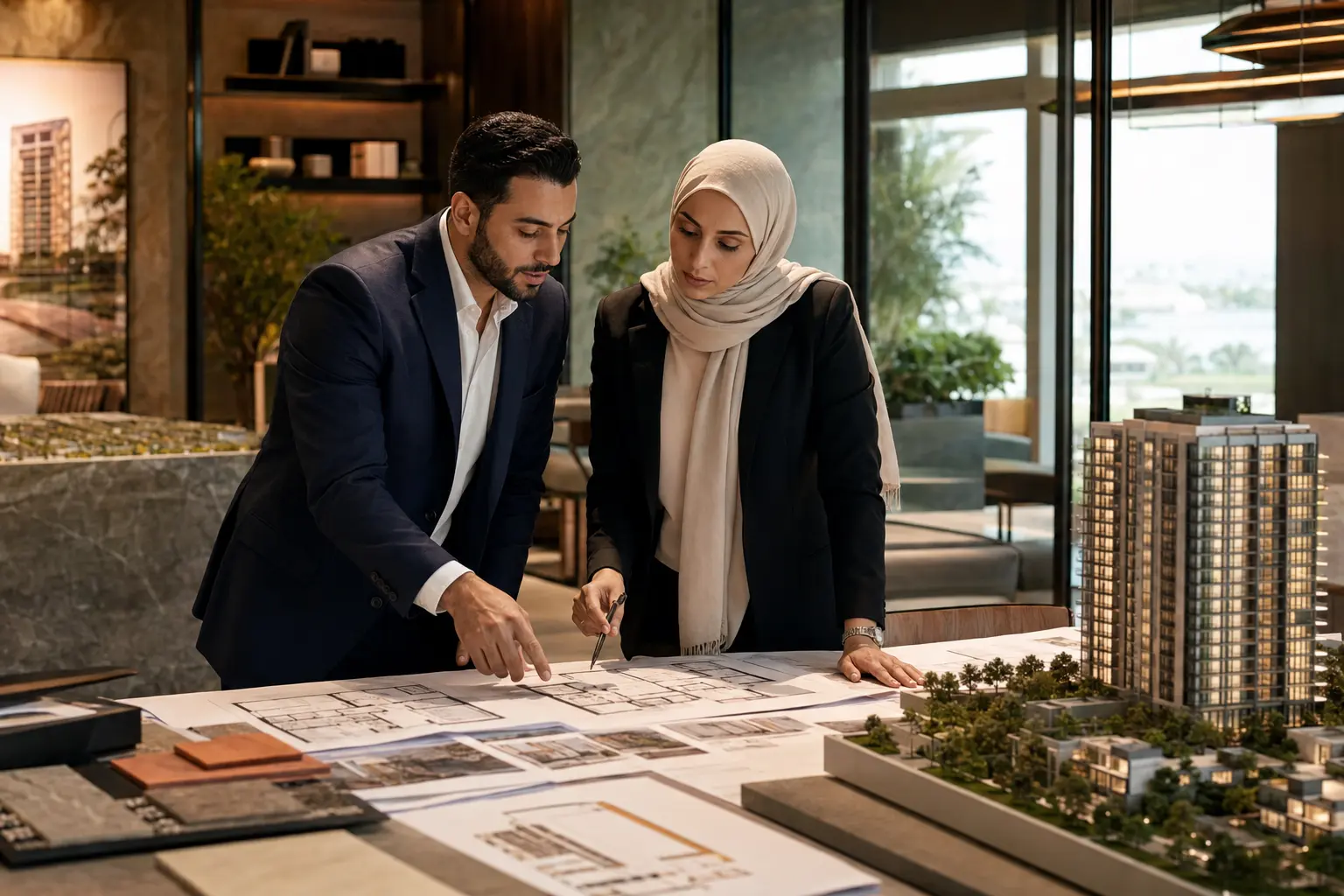 Broker team reviewing property options beside an architectural model